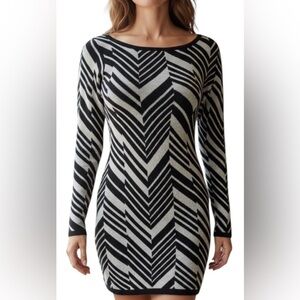 Le Chateau Dress, Black and White Chevron Sweater Mini, Bodycon, Size XS